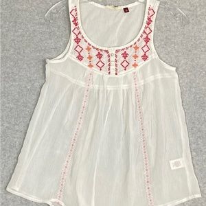 SO White Pink Sleeveless Embroidered Scoop Neck Sheer Top Size L Blouse